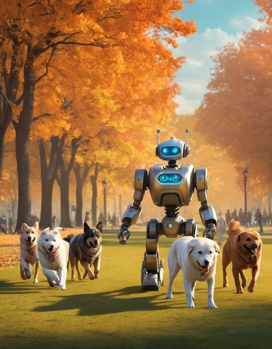 robot, dogs, park, walking, technology, artificial intelligence, automation