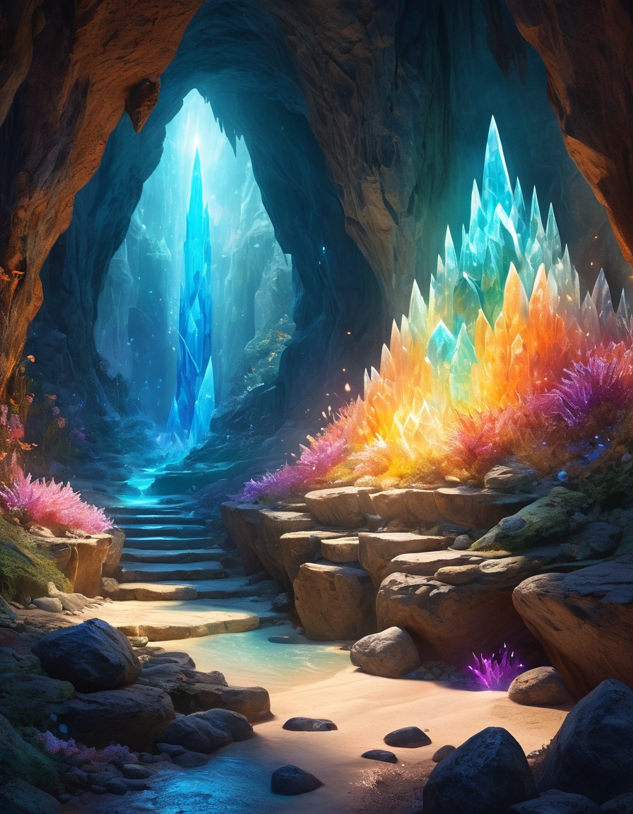 cave, crystals, magical, luminous, fantastic