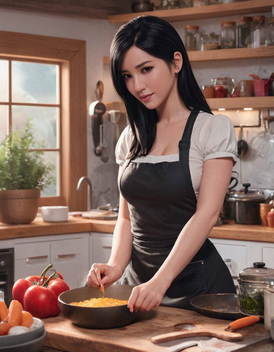 tifa lockhart, cooking, baking, final fantasy, cozy kitchen, games, girls from games