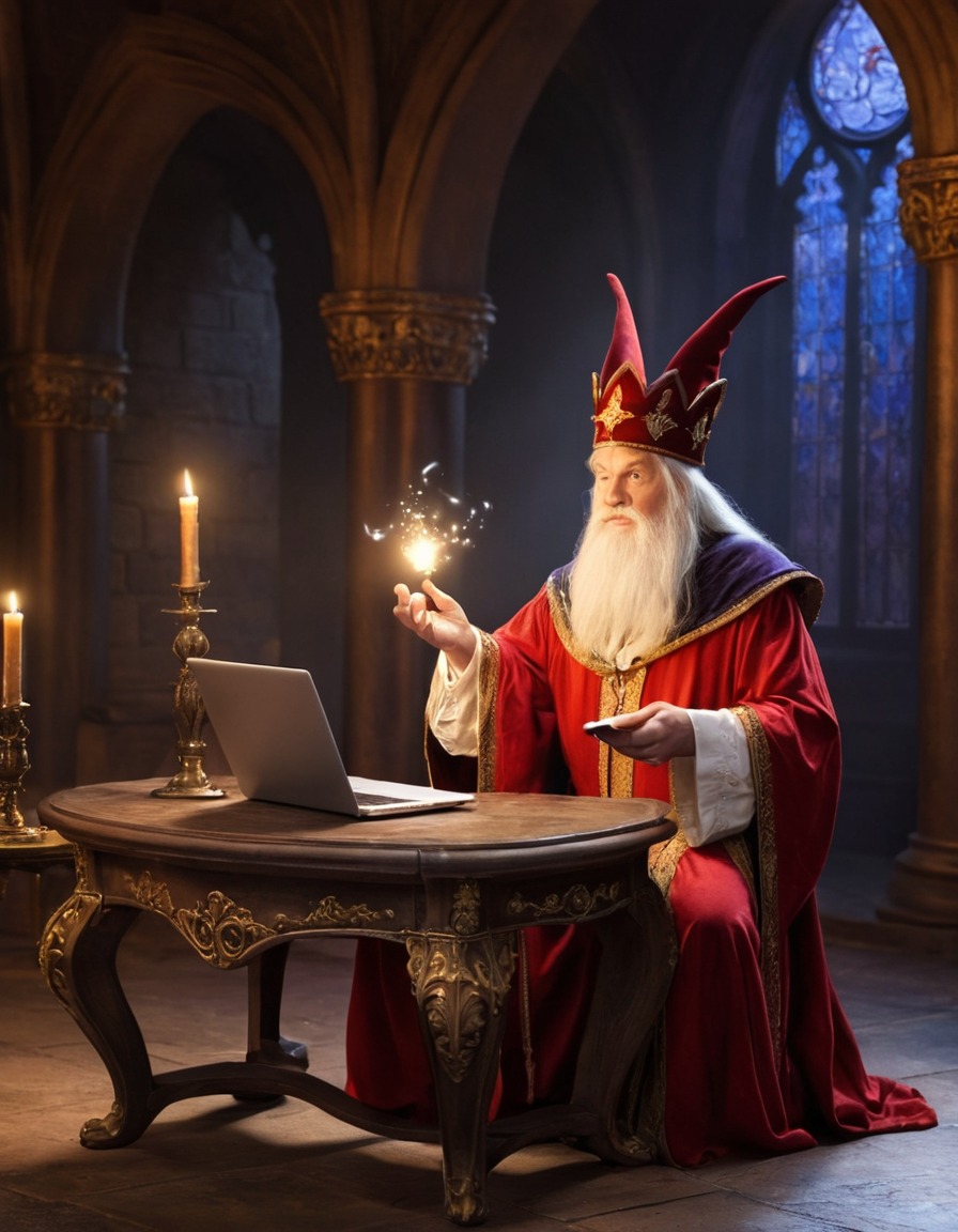 sorcerer, laptop computer, royal court, magic, enchantment, medieval, art