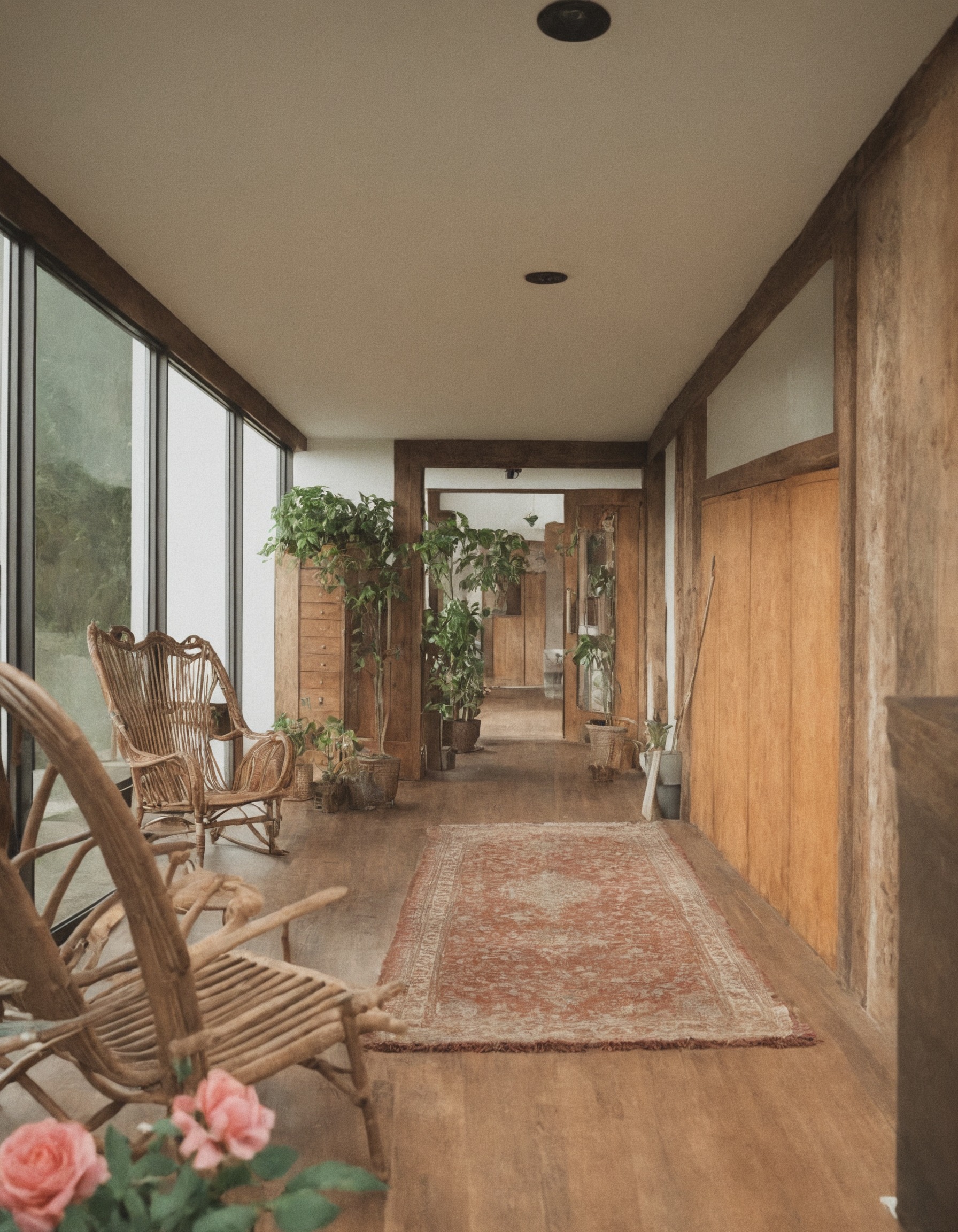 vintage, vintage interior, 1990s, 90s, interior design, home decor, solarium, living room, sunroom, kilim rug, twig furniture, terracotta, flooring, picture window, flowers, country, farmhouse, style, home