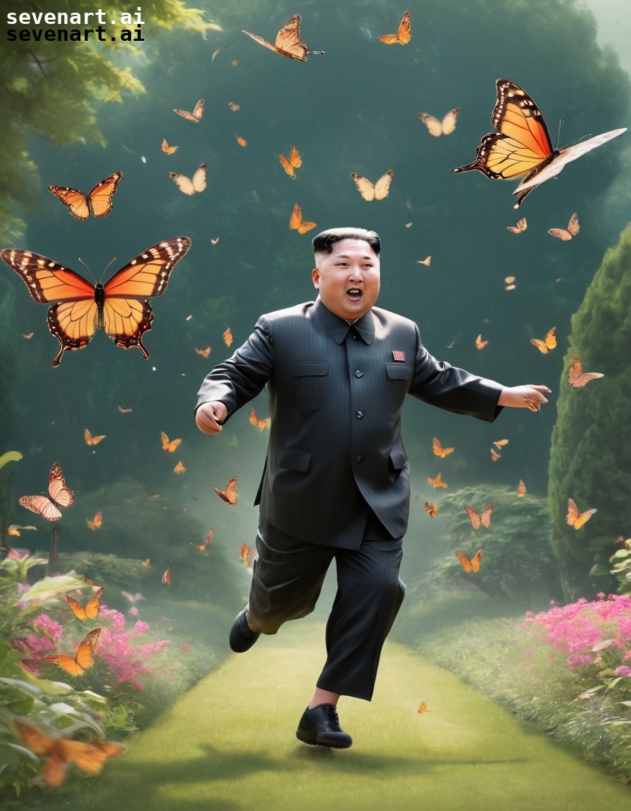 kim jong-un, butterflies, playful, garden, whimsical, north korea