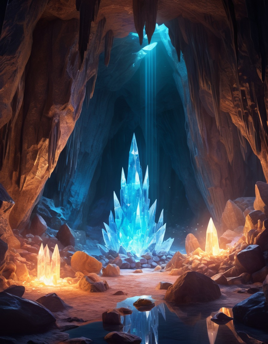 crystal cave, glowing crystals, mysterious energy, fantasy scene