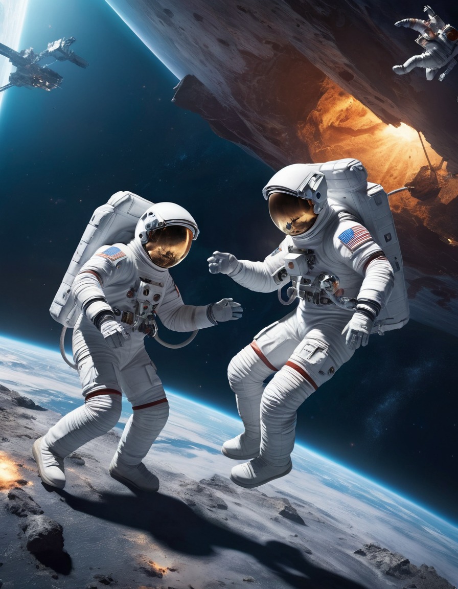 astronauts, spacewalk, damaged ship, space scene, outer space, teamwork