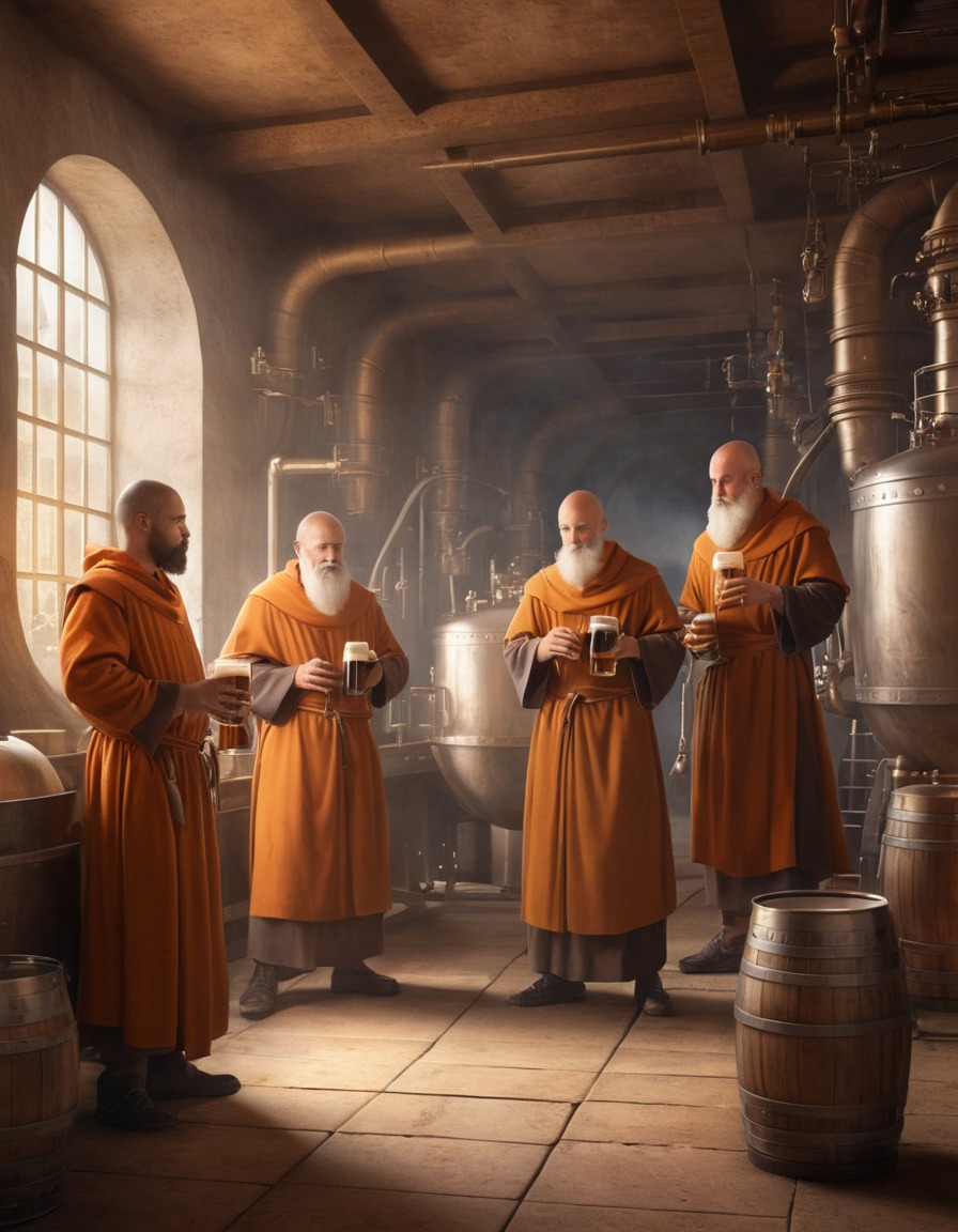 medieval, fresco, monks, brewing, beer, high-tech, brewery, industrial machinery, art