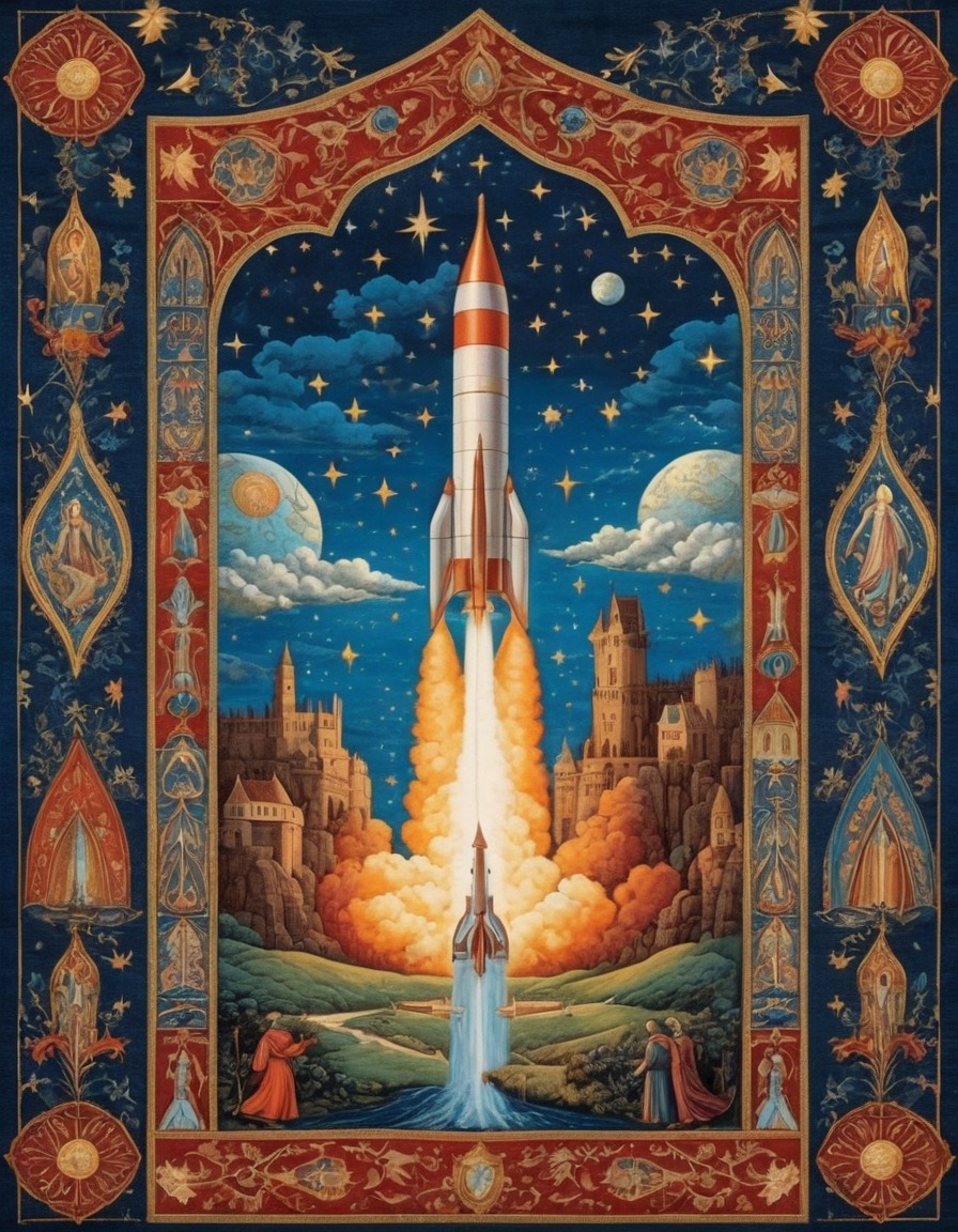 medieval, tapestry, rocket launch, history, art