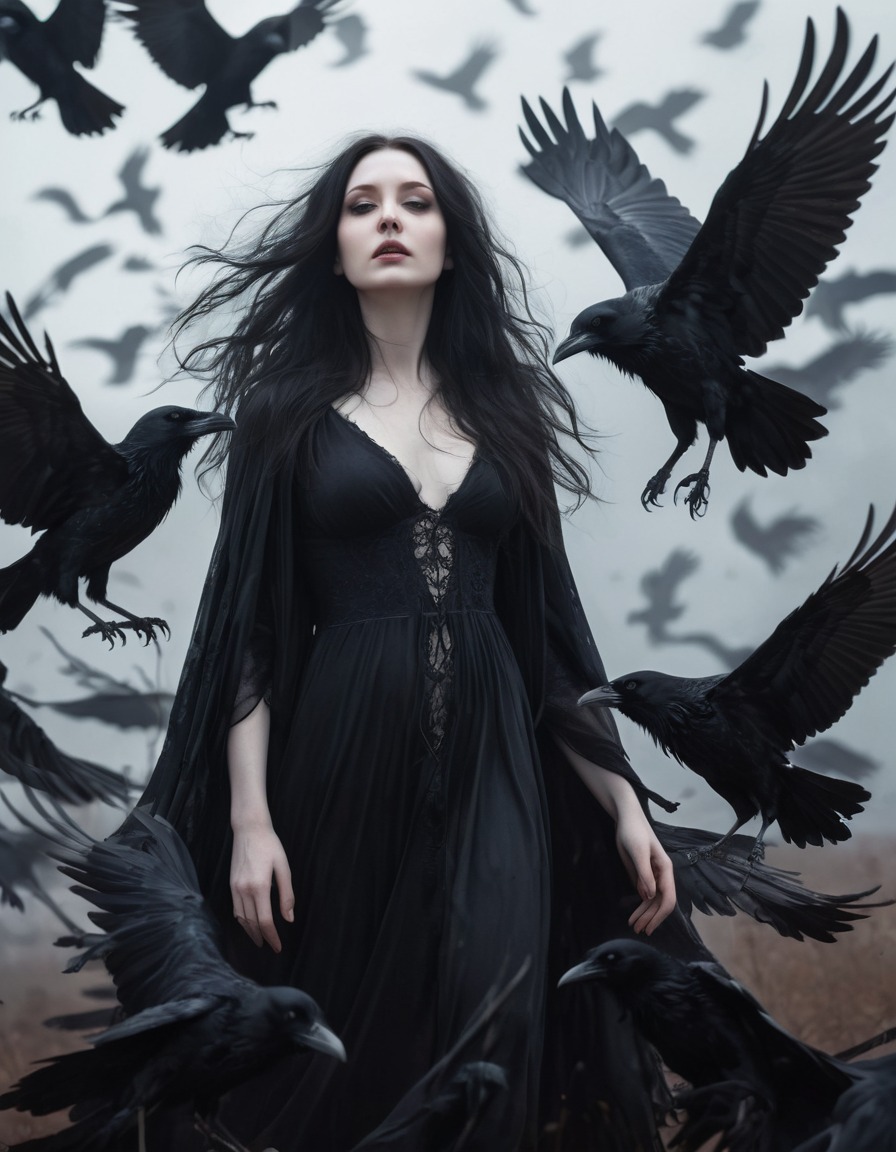 dark beauty, haunting, woman, pale skin, ravens, gothic, underground, dark