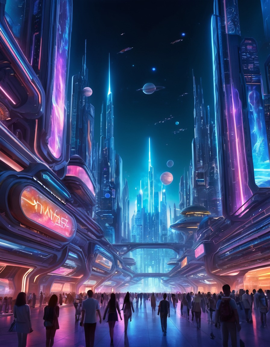 futuristic, space city, neon lights, space scene, activity, sci-fi, technology