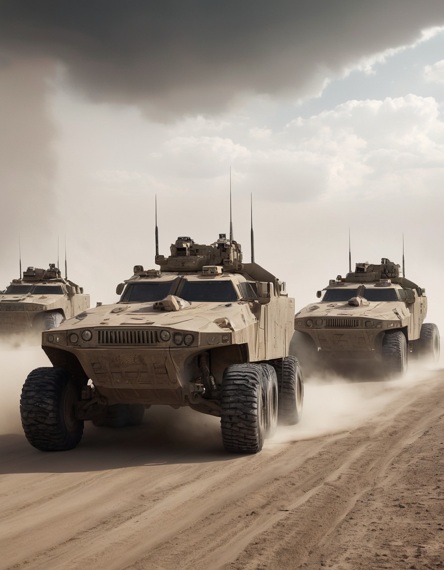 military vehicles, convoy, armored vehicles, dust clouds, fast-moving, desert landscape, mad max