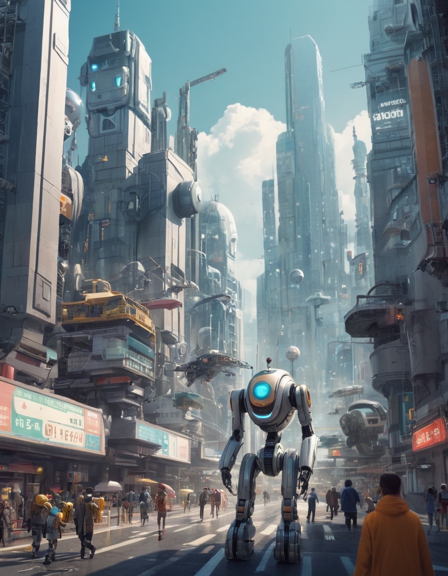 futuristic, cityscape, robots, technology, daily life