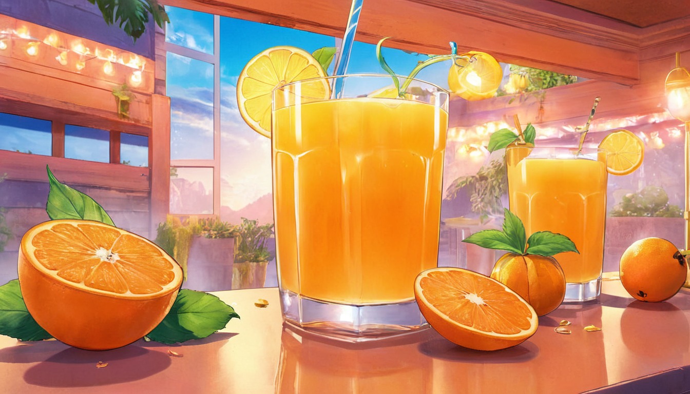 anime, wallpaper, dreamup, digitalart, fanart, digitalpainting, juice, orange, orange_juice, orangejuice, restaurants, ai_art