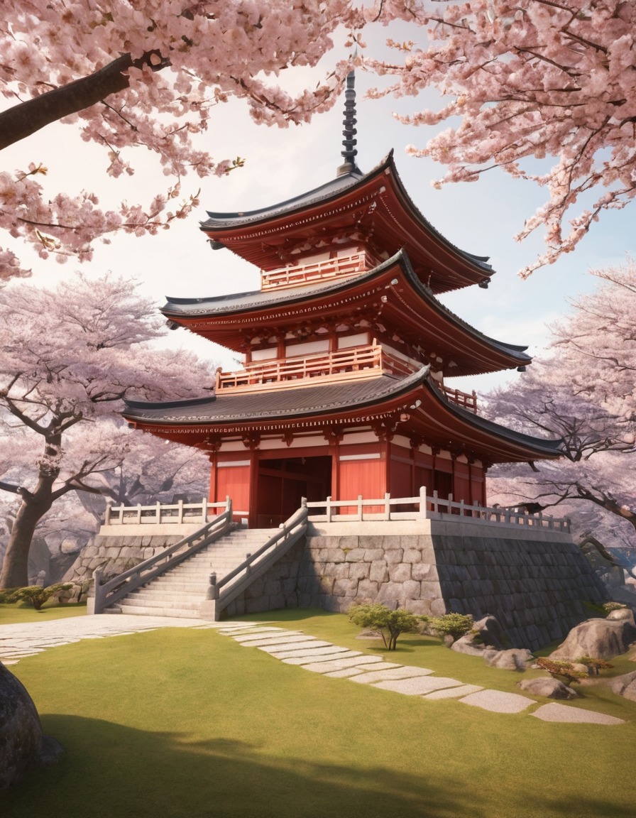 japanese temple, cherry blossoms, traditional architecture, nature, hanami festival