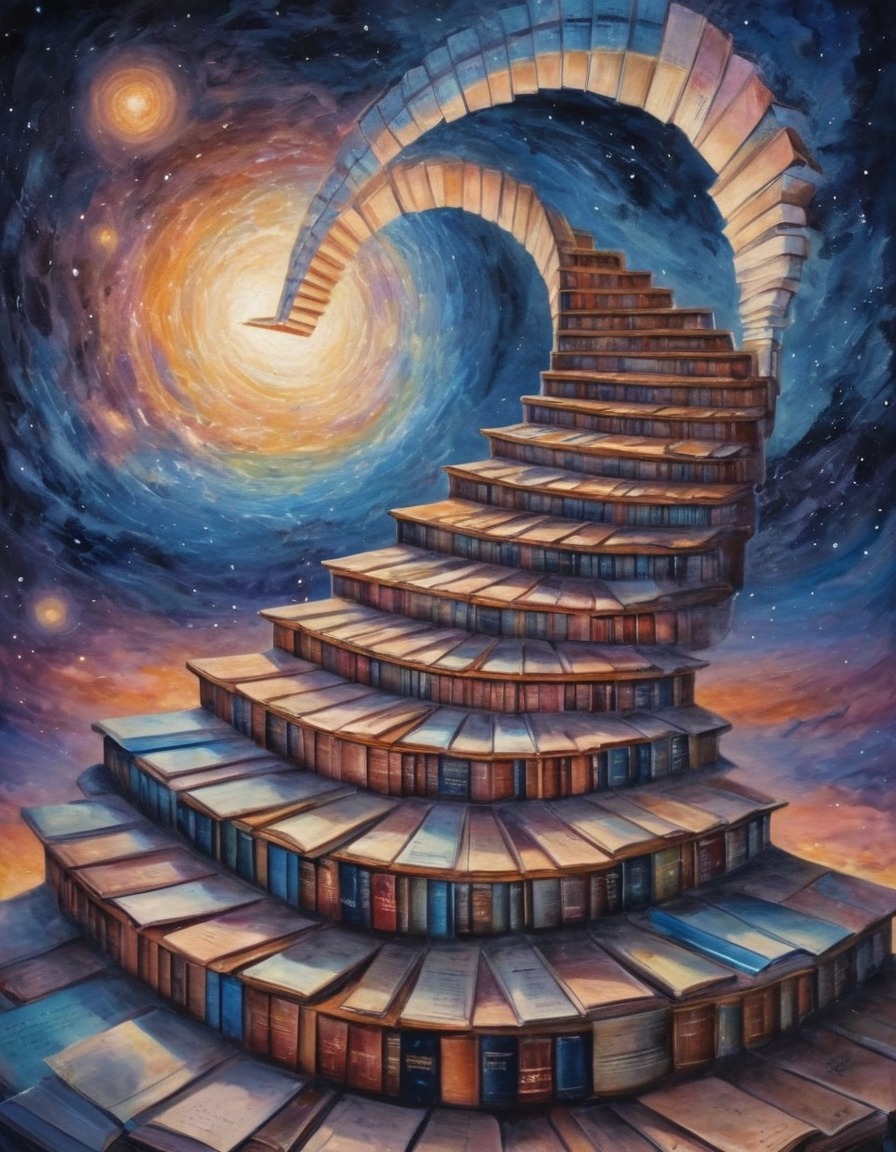 books, staircase, stars, imagination, surreal