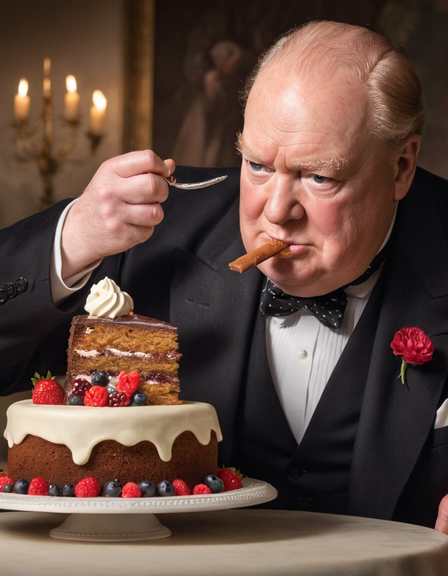 winston churchill, historical figure, comical moment, cake, struggle, fat