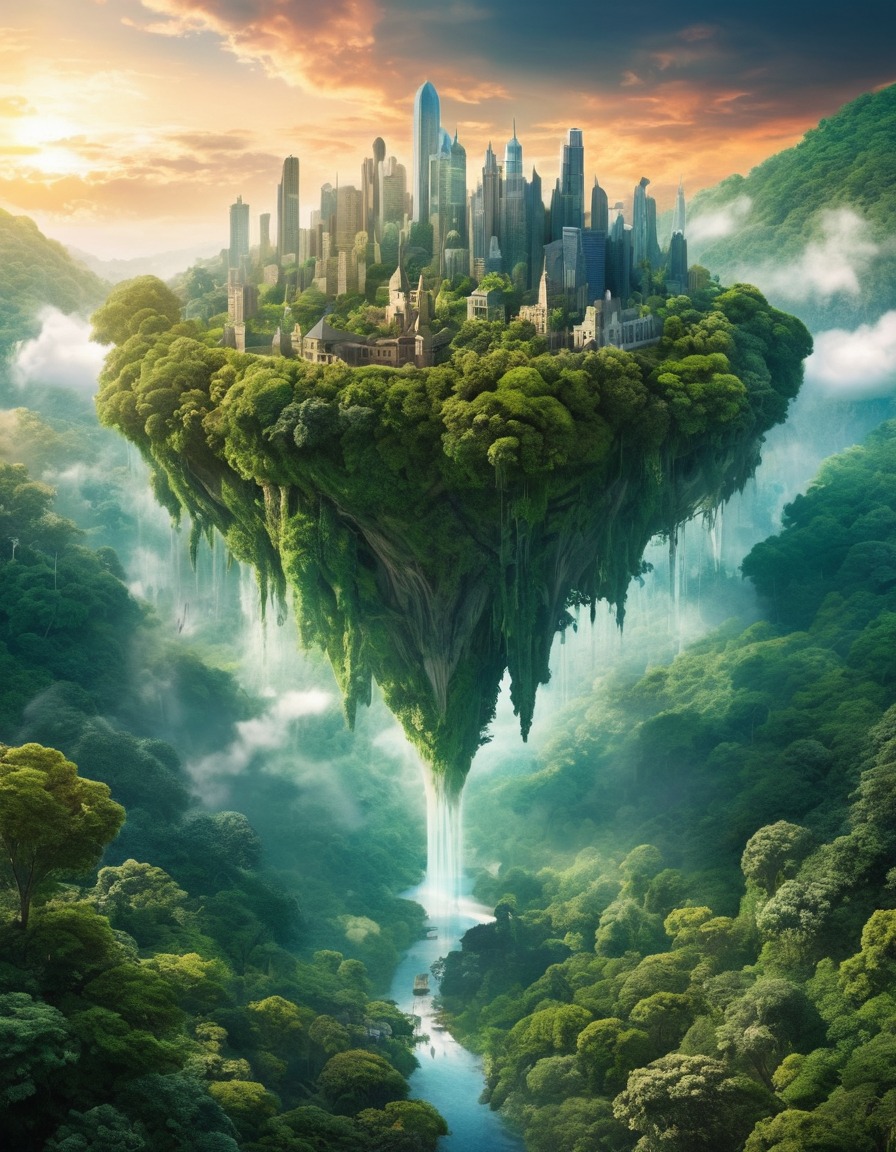 surreal, digital art, collage, floating cityscape, lush forest