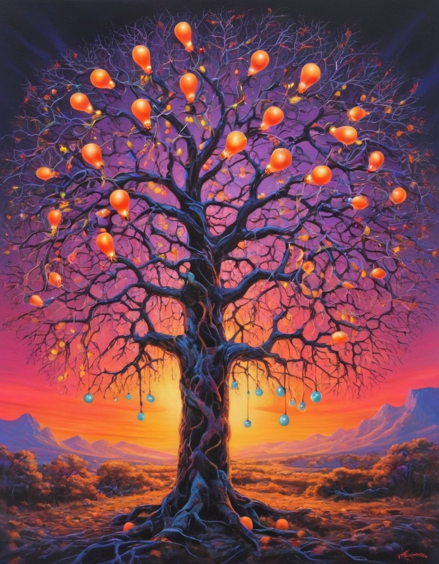 tree, neon, fruits, light bulbs, surreal