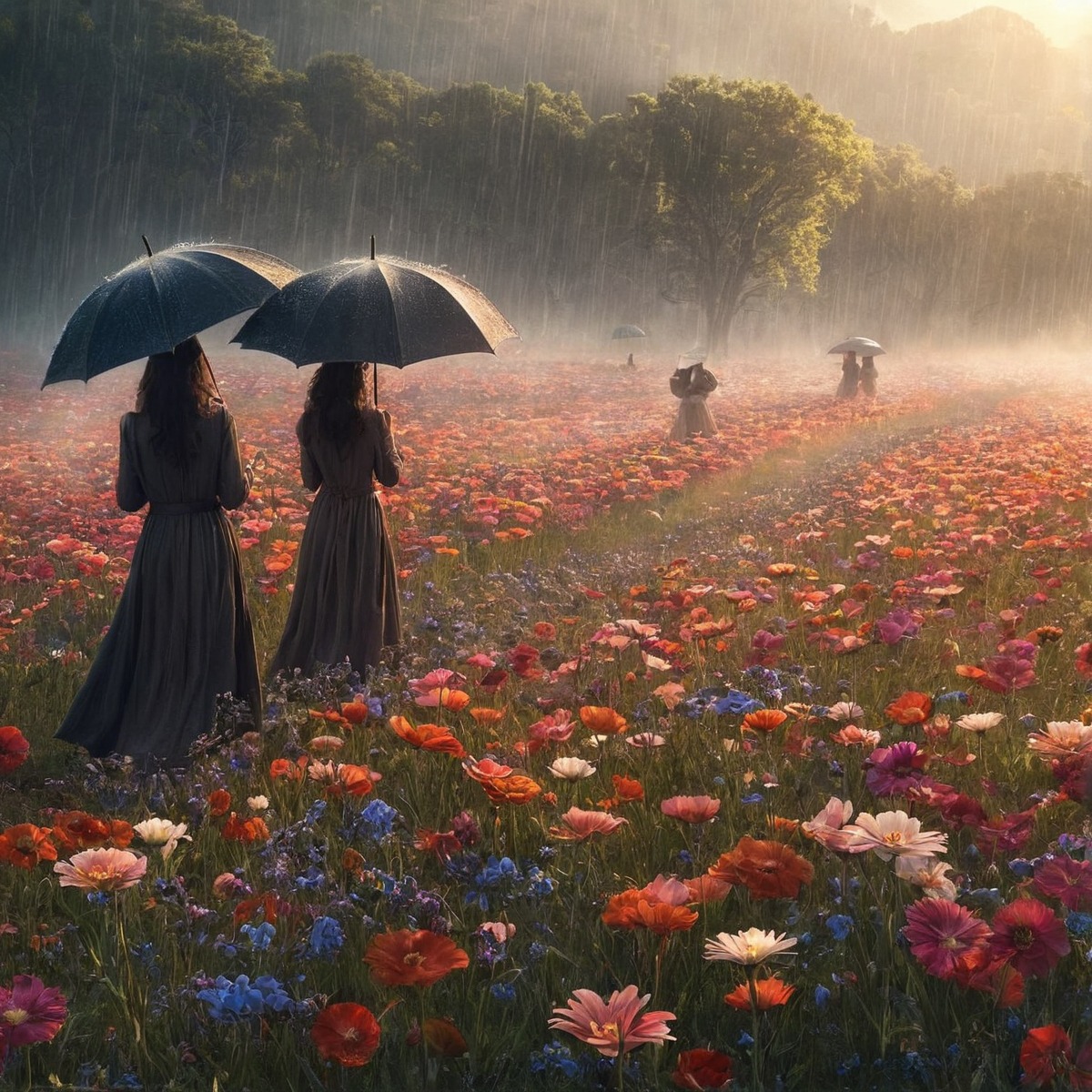 beautiful, evocative, field, generated, raining, umbrellas, wildflowers, women, aigenerated, aigeneratedart, womeninwildflowers, womenonrainyday, womenwalk, womenwalkinwildflowers