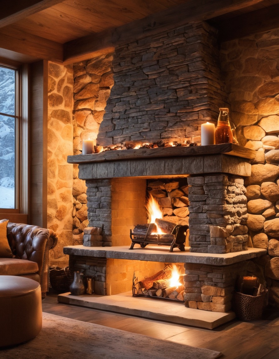 fireplace, cozy, living room, warmth, rustic, stone, ambiance, home, interior