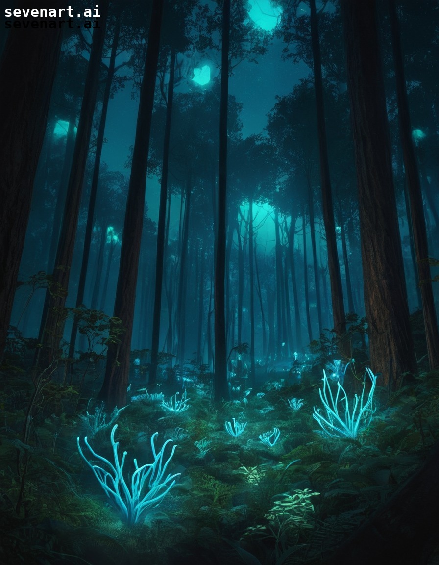 bioluminescent, forest, glowing plants, sustainability, engineered, future