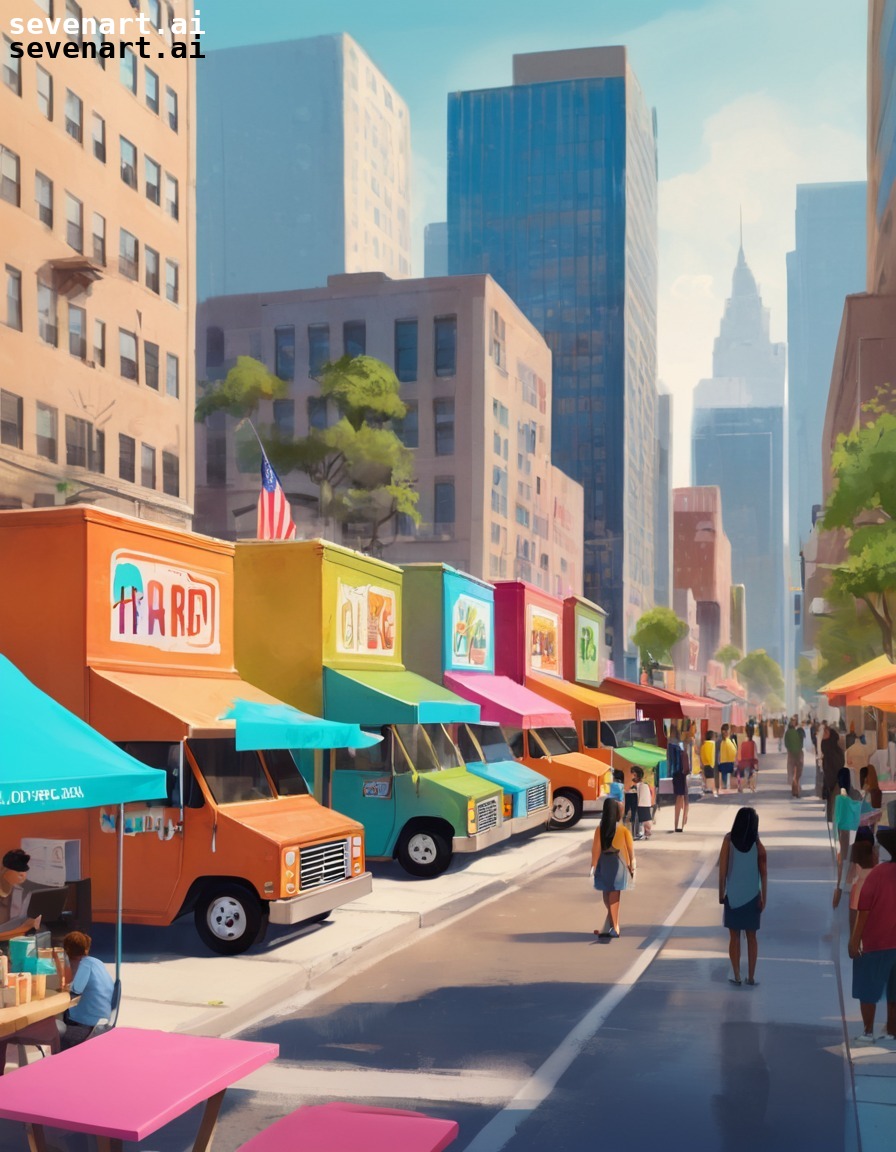 food trucks, street food, city scene, urban dining, customer interaction, modern city, city