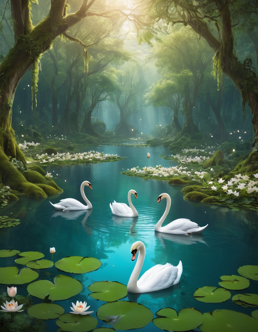 forest, lake, water nymphs, lilies, swans, fantastic