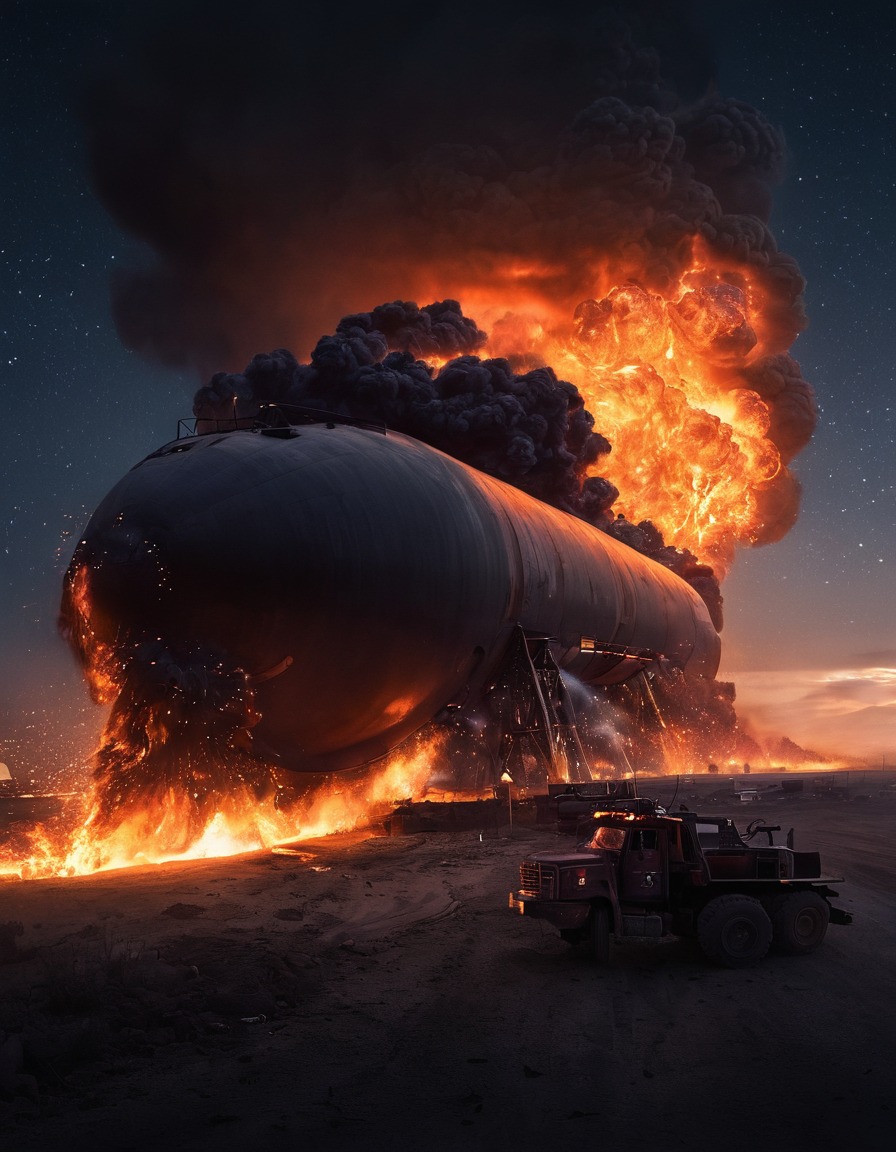 night sky, flames, fuel tanker explosion, disaster, danger, mad max