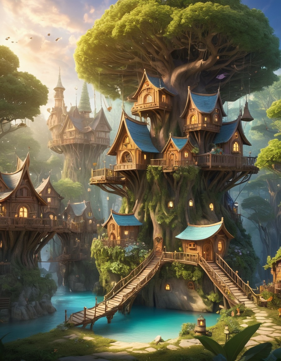 fantasy, fairies, treehouses, enchanted forest, magical creatures, fantastic