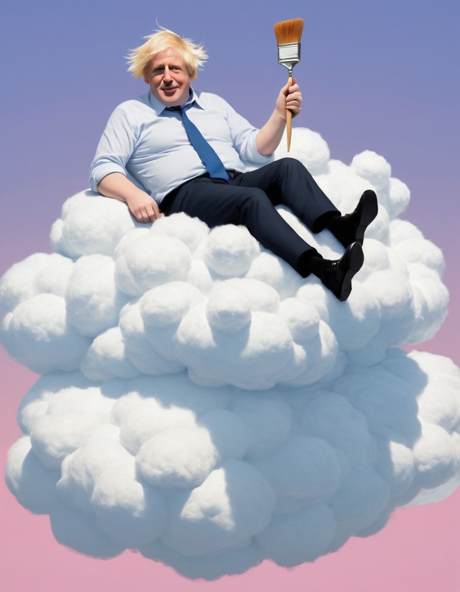 boris johnson, cartoon, whimsical, cloud, painting, politics