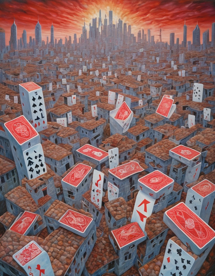 cityscape, buildings, playing cards, art, surreal