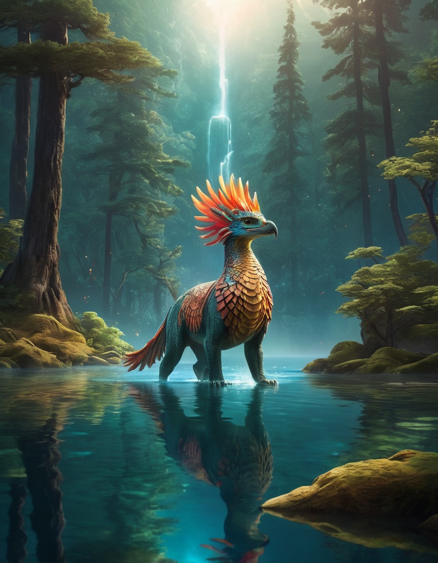 ahuizotl, mythical creature, lake, magical forest, fantasy world