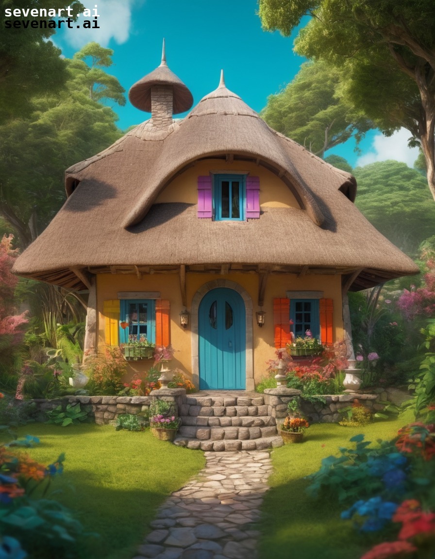 whimsical, fairytale, thatched roof, colorful shutters, lush forest, house, home