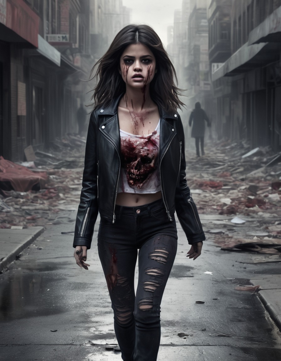 selena gomez, zombie, deserted city, illustration, celebrities