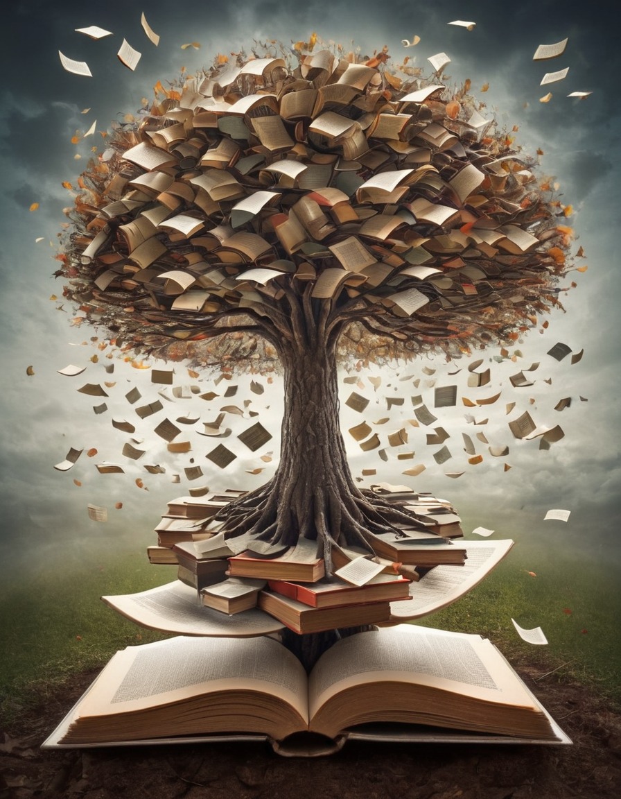 tree, books, pages, imagination, surreal