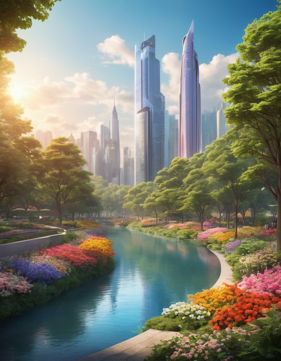 urban landscape, modern city, river view, nature, skyline, tall trees, colorful flowers, city