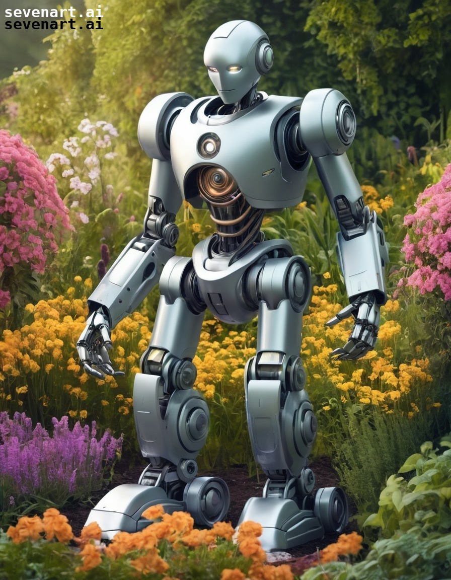 robot, garden, metallic flowers, technology, innovation, robots