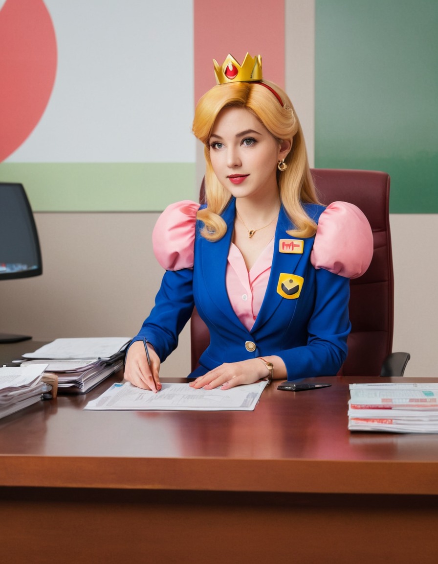 princess peach, business attire, desk work, mario-themed, paperwork, games, girls from games