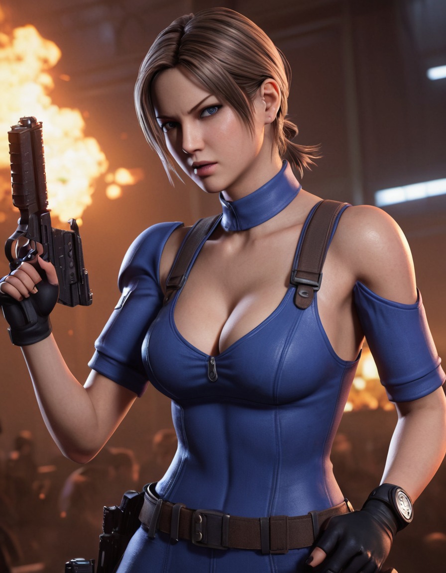 jill valentine, resident evil, combat, zombies, weapons, fierce pose, anime, games