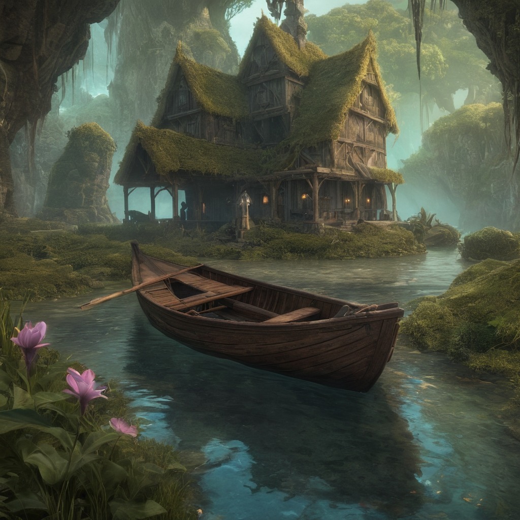 bayou, boat, dreamscape, flowers, house, landscape, lily, moss, scenery, swamp, trees, water