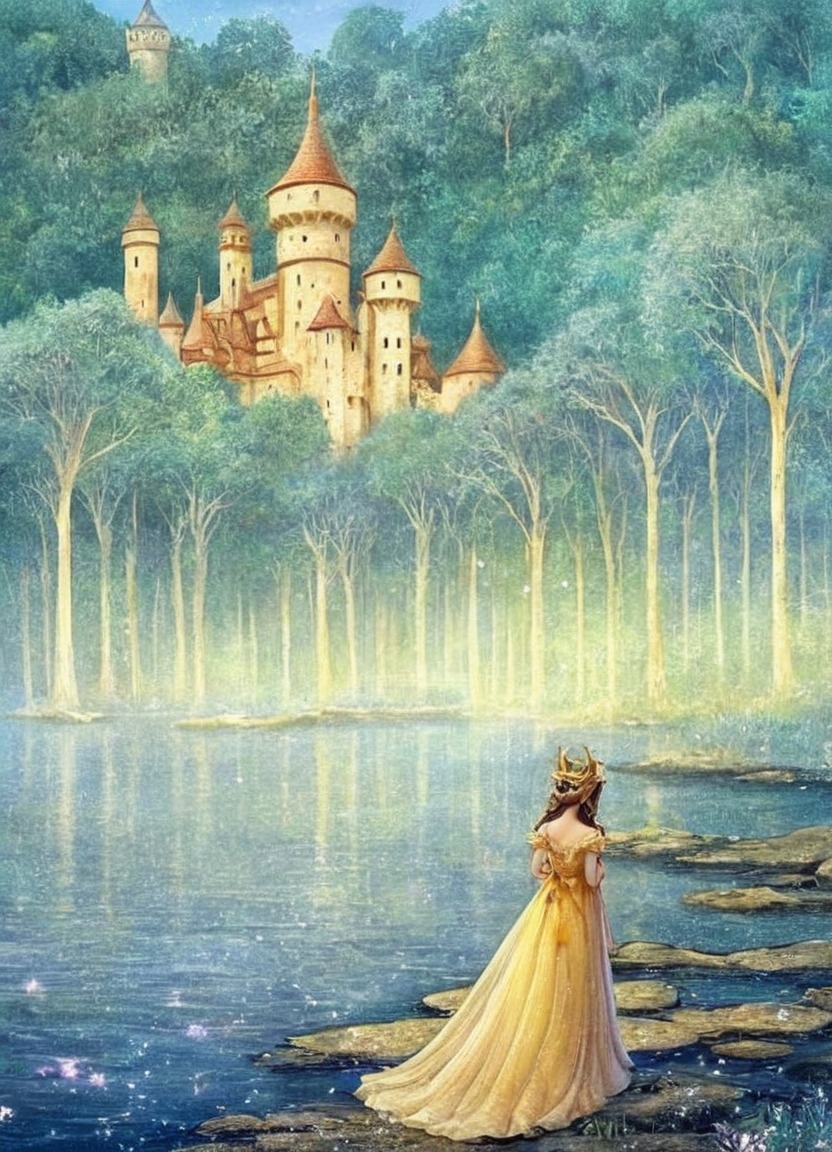 magic, fantasyart, medieval, fairytale, traditionalart, forest, fairy, castle, princess, watercolour, lake, moon, night, nightscene, rock, rocks, trees, twilight, woods, yellow, yellowdress