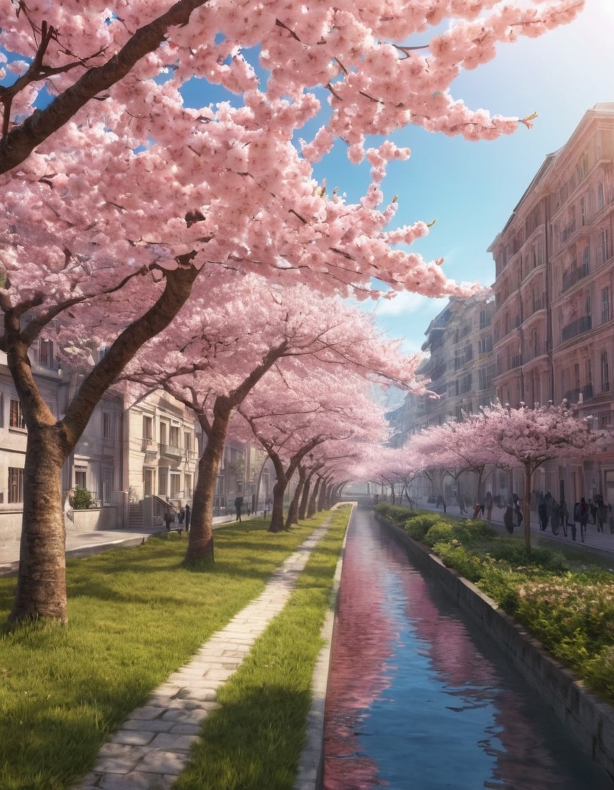 cityscape, urban architecture, cherry blossom, springtime, nature, beauty, city