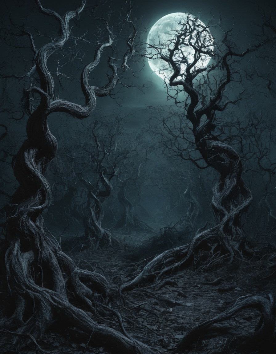 forest, moonlit, twisted trees, nature, spooky, gothic, underground, dark