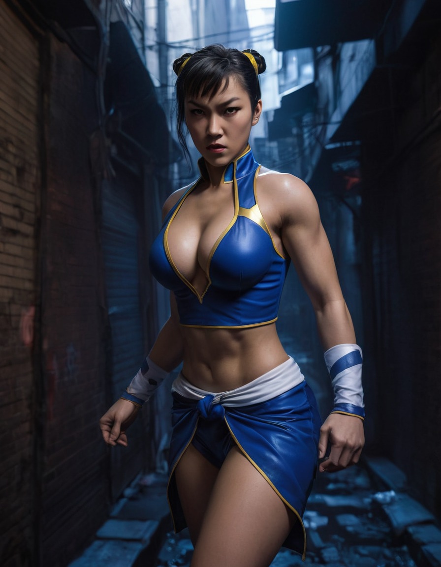 chun-li, street fighter, video game, martial arts, alleyway, stealth, character illustration, games, dark