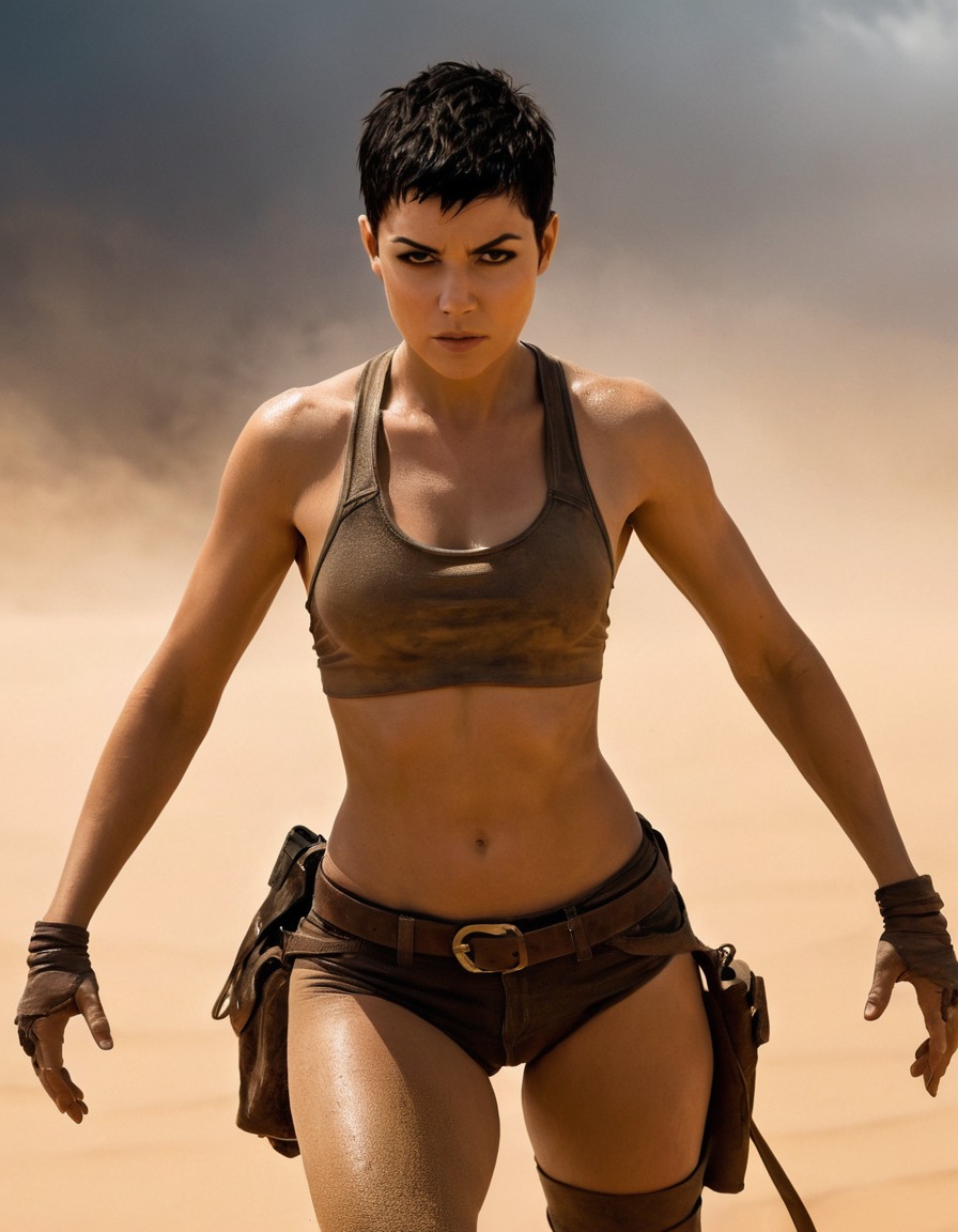 furiosa, mad max, post-apocalyptic, female warrior, sandstorm, strong silhouette