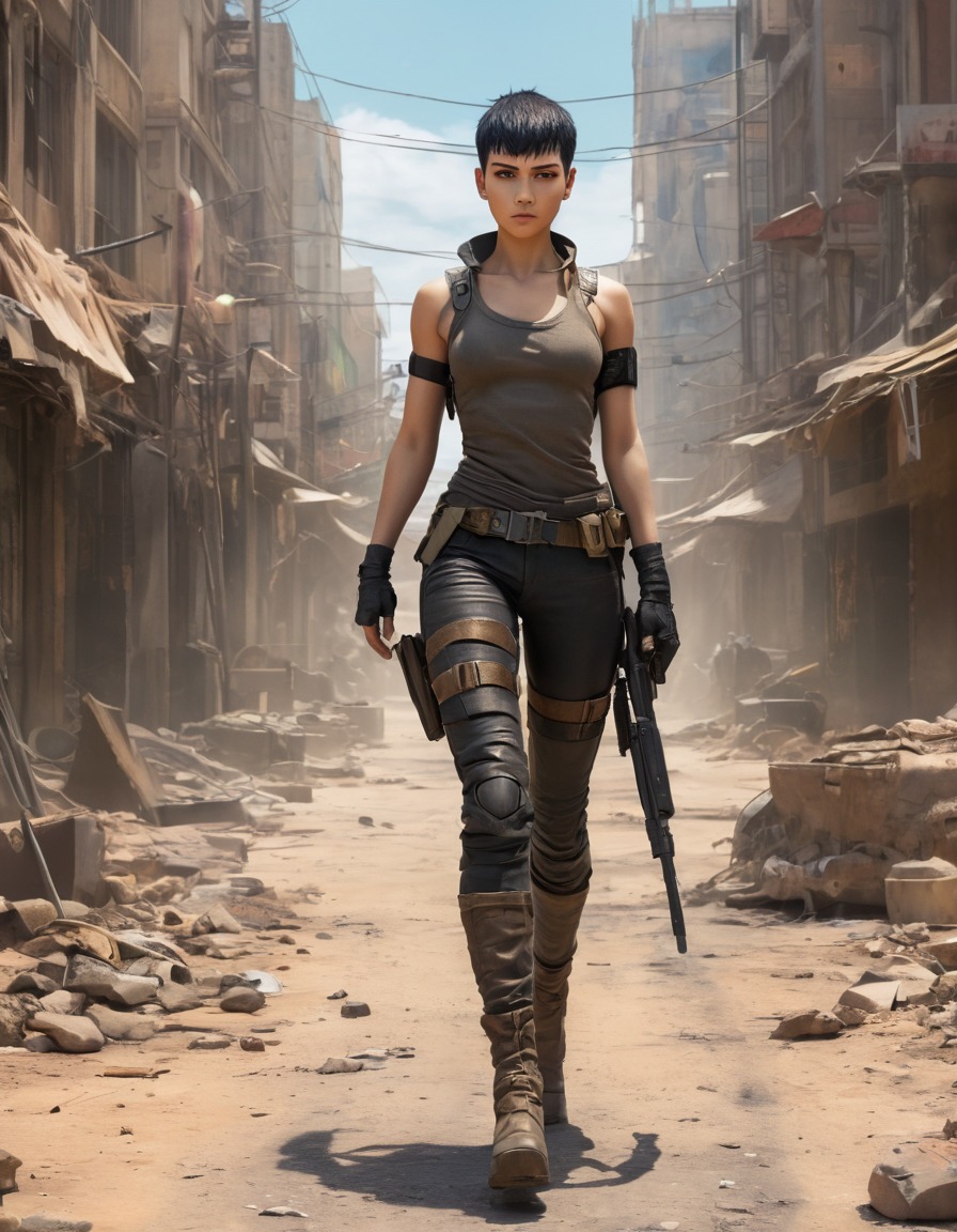 post-apocalyptic, cityscape, furiosa, determined, unfazed, mad max