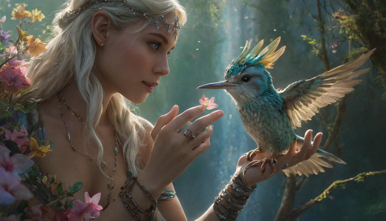 magic, fantasyart, fairy, dreamup, blonde, blossom, hand, kolibri, tiara, waterfall