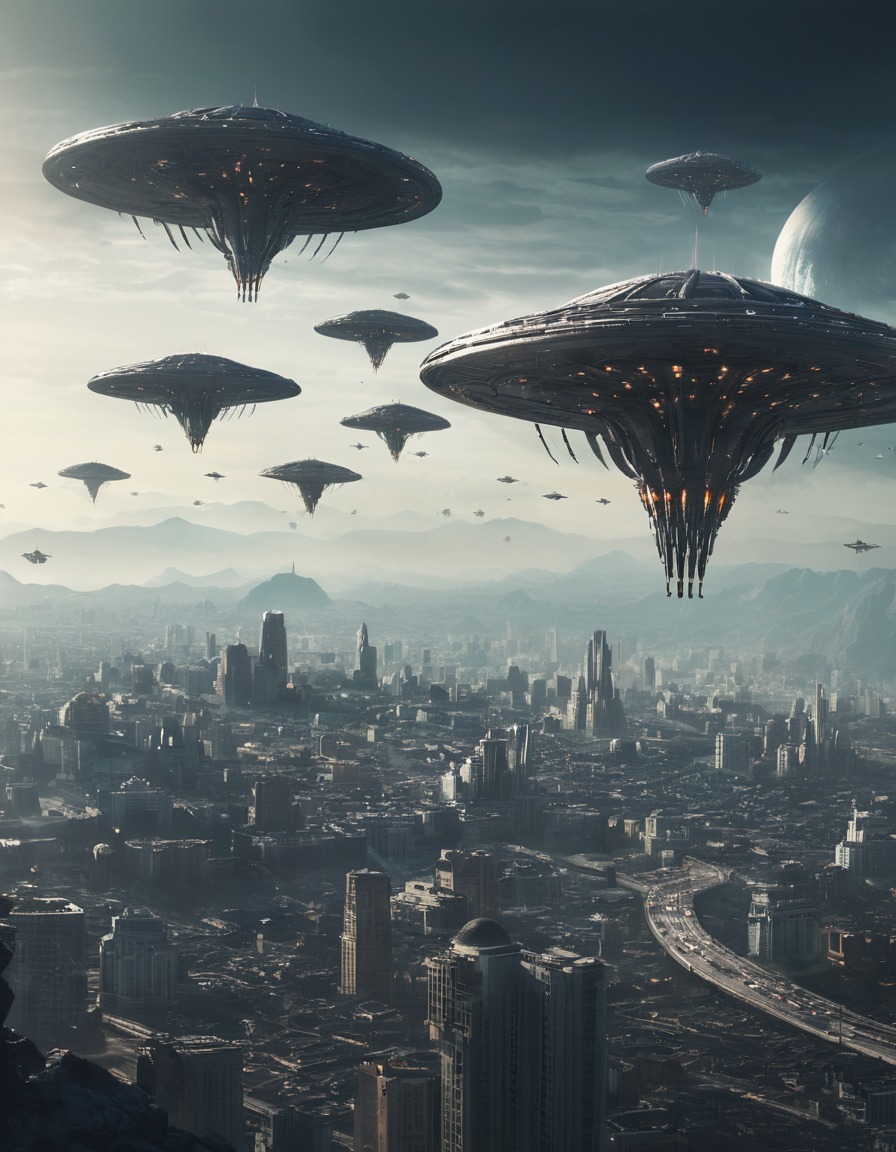 alien invasion, spacecrafts, advanced weapons, cityscape, war, aliens, three body problem, trisolaran