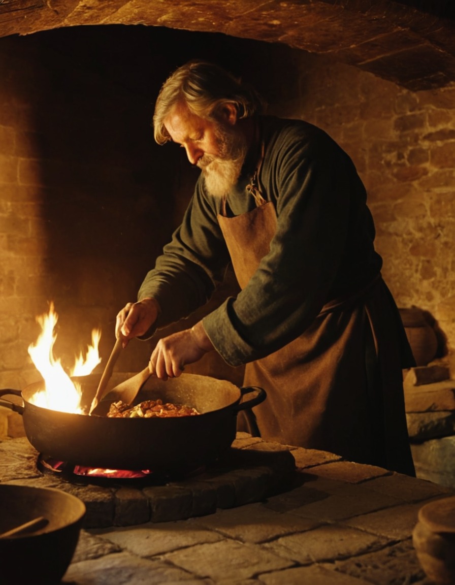 ancient cook, meal preparation, hearth cooking, medieval england, 1300 ad, culinary traditions, historical food preparation