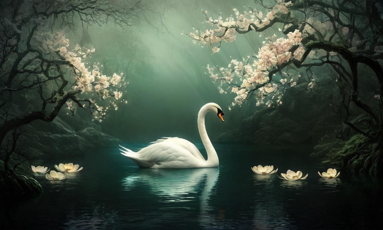 digitalpainting, reflection, beauty, flowers, krea, peaceful, pond, serene, swan, water, midjourney