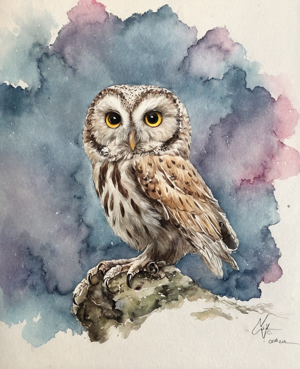 animal, bird, watercolour, owl, ink, pencil, watercolor