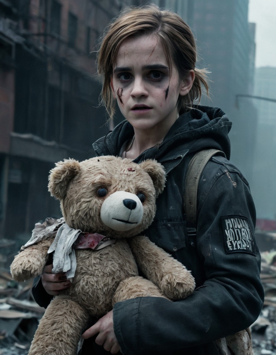 emma watson, zombie, post-apocalyptic, cityscape, teddy bear, celebrities